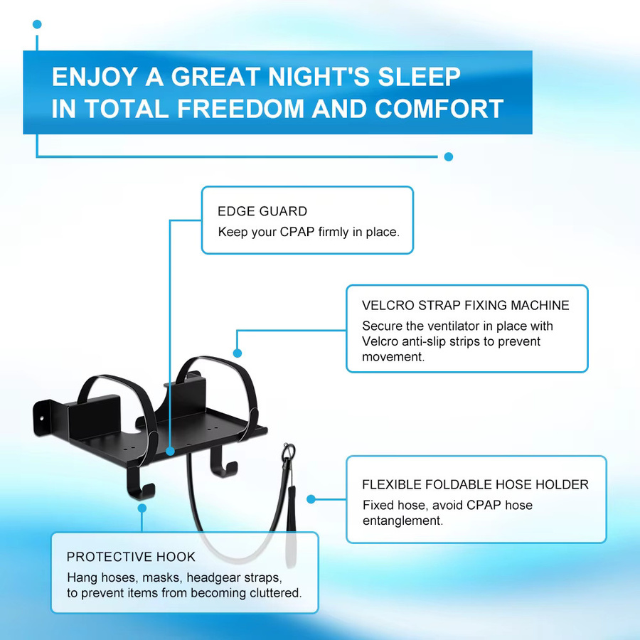 JBMBHC CPAP-Wandregal in Schwarz, kompatibel mit S10/S11, Nachttisch-Organizer aus Metall mit verstellbarem Winkel, Schlauchhalter und Maskenhaken - Bild 4