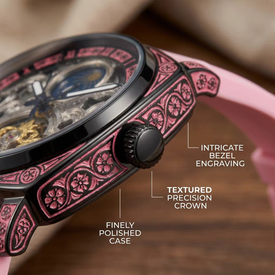 CAROTIF Armbanduhr, Mechanisch, Rosa Zifferblatt, Silikonarmband, Herren - Bild 3