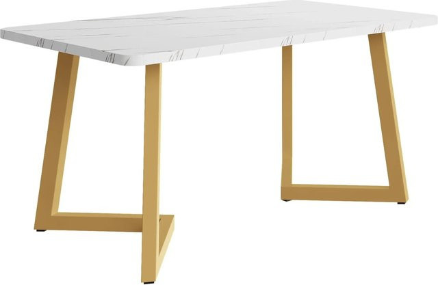 okwish Esstisch in Marmoroptik mit Metallgestell für Esszimmer, Wohnzimmer oder Büro, Farbe: Weiß und Goldfarben, B/T: 117 x 68 cm - Bild 1