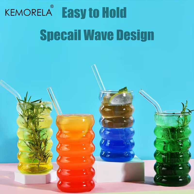KEMORELA Wellenform Getränkegläser mit Strohhalmen, transparente Glasbecher für Wein, Champagner oder Cocktails, 500 ml - Bild 4