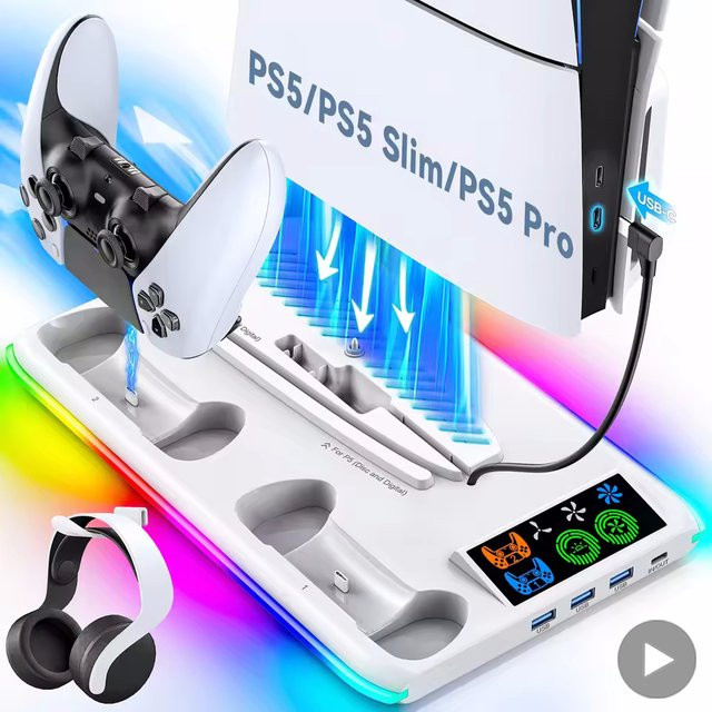 Sony Gaming Station Standfuß für PS5 Slim und PS5 Pro mit RGB-Beleuchtung und Kühlventilator in Weiß - Bild 1