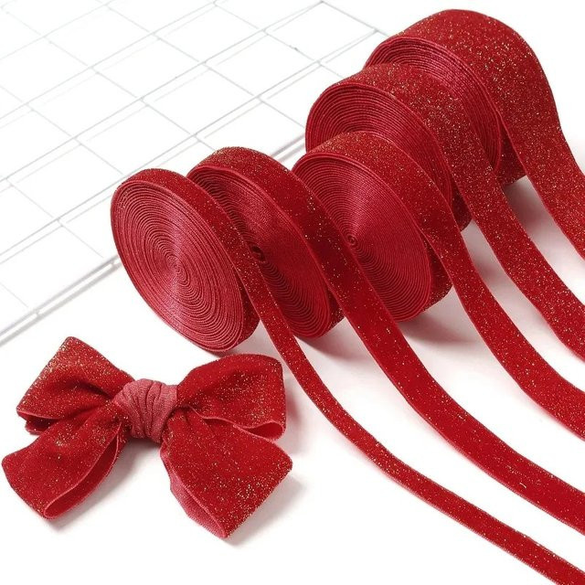 Samtband in Rot und Dunkelgrün für Weihnachtsbaum Anhänger und DIY Geschenkverpackungen, Breite: 6-38 mm - Bild 1