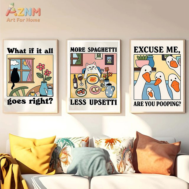 AZNM Leinwanddruck mit Katzen und Gänsen im Retro-Cartoon-Stil, mehrfarbiges Wandbild mit humorvollem Zitat - Bild 1