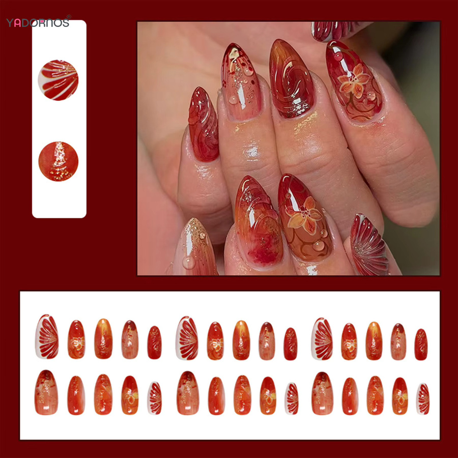 YADORNOS Press-On-Nägel, rot, Blumen mit Glitzer, glänzend, 30 Stück - Bild 3