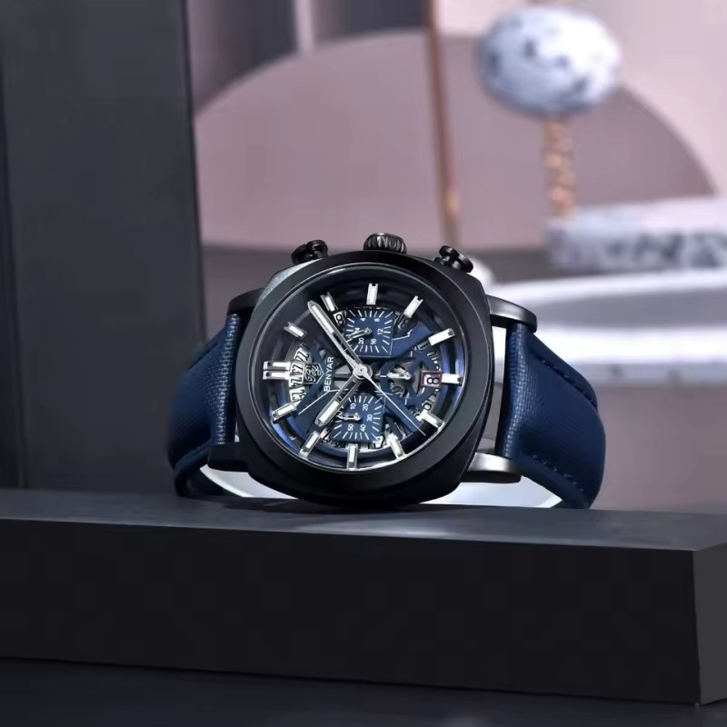 BENYAR Chronograph Herren-Sportuhr, Quarz, Lederarmband, Edelstahl, Silver Blue - Bild 2