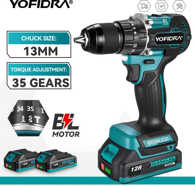 YOFIDRA Bürstenlose elektrische Schlagbohrmaschine und Akkuschrauber mit 35+3 Drehmomentstufen, 13 mm Bohrfutter, kompatibel mit Makita 18 V LXT Akkus - Bild 1