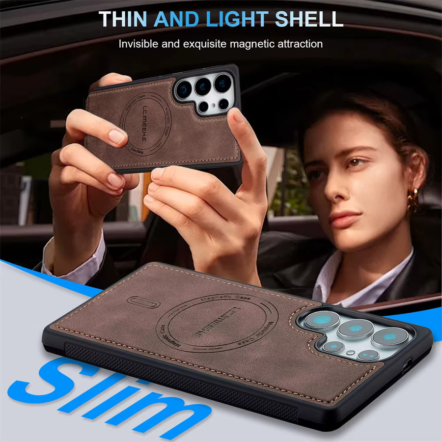 Magnetische Lederhülle für Samsung Galaxy S26 Ultra S25 S24 Ultra S23 FE S22 FE A17 A37 A57 A16 A36 A56 in Braun mit kabellosem Laden - Bild 4