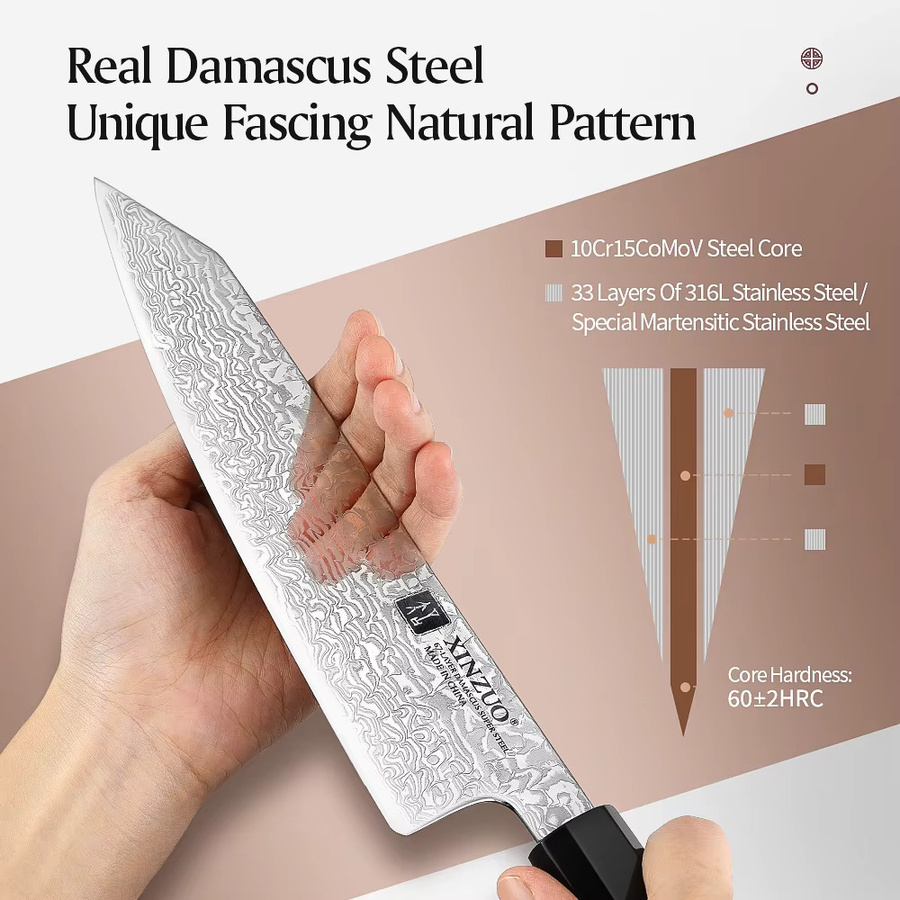 XINZUO Bunka-Messer aus Damaststahl mit achteckigem Holzgriff, 21,59 cm - Bild 3
