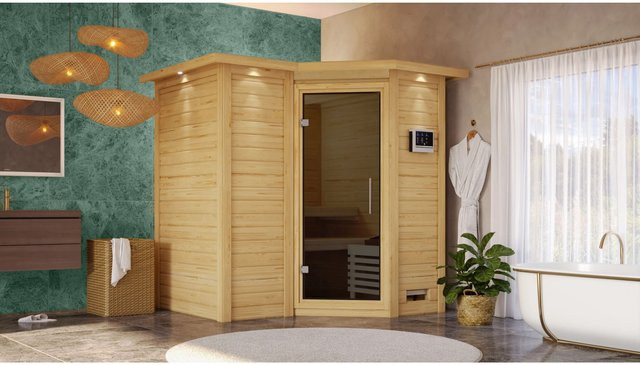 Karibu Massivholzsauna SAHIB 1 in Graphit mit 9,0 kW BioKombiofen, Steuergerät, Dachkranz und Ganzglastür, B/T/H: 193 x 184 x 200 cm - Bild 2