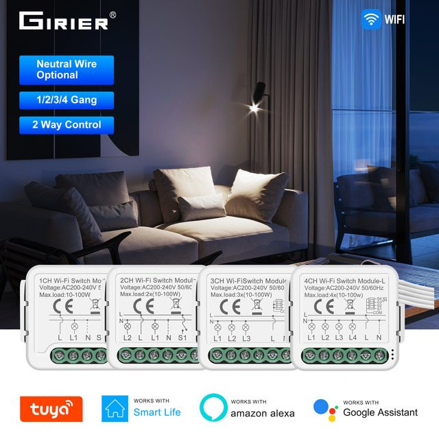 GIRIER Tuya Smart WiFi Lichtschaltermodul in Weiß, 1-4 Gang ohne Neutralleiter, 220 V Leistungsschalter mit 2-Wege-Steuerung, kompatibel mit Alexa und Google Assistant - Bild 1