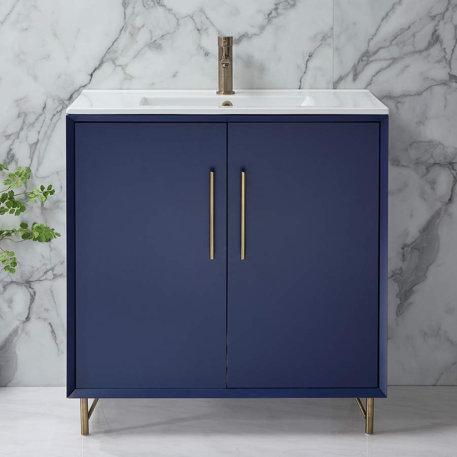 Waschtischunterschrank mit Waschbecken HudsonReed Edge Dunkelblau mit Soft-Close-Türen und Messinggriffen Breite: 81 cm - Bild 1