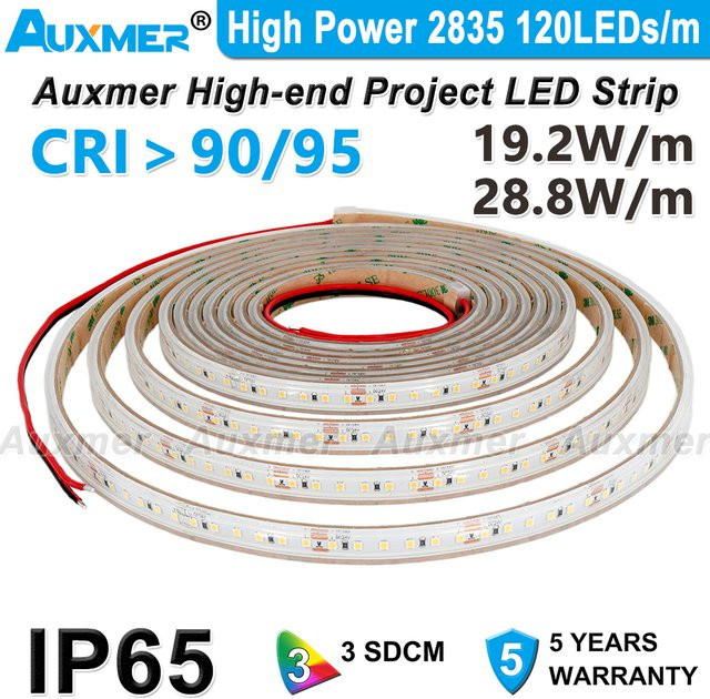 Auxmer LED Streifen RGB SMD 2835 mit 120 LEDs/m, IP65 wasserdicht, 28,8 W/m, 5m Rolle in Rot Grün Blau Gelb Bernstein - Bild 1