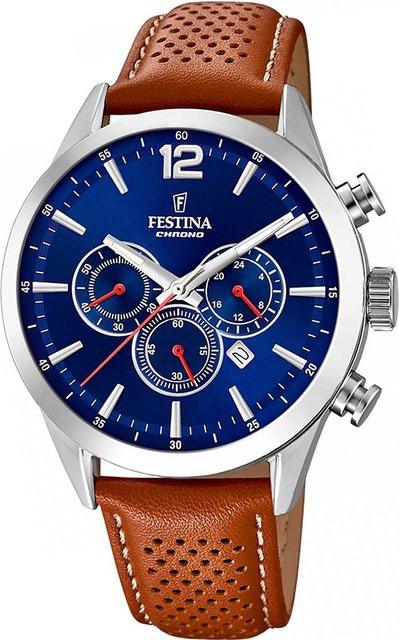 Festina Chronograph Herrenuhr, Quarz, Edelstahl, Blau, Leder, 44 mm - Bild 1