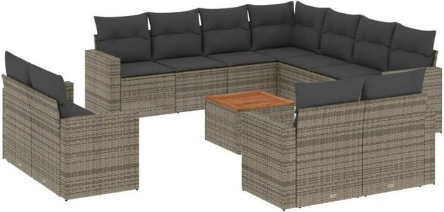 vidaXL 12-tlg. Garten-Sofagarnitur in L-Form aus Polyrattan und pulverbeschichtetem Stahl mit grauen Kissen - Bild 1