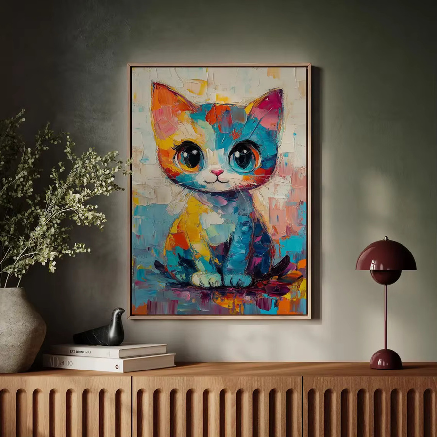 Vibrant Impasto Kitten Portrait Wandbild als abstrakter Kunstdruck in Mehrfarbig auf Leinwand - Bild 2