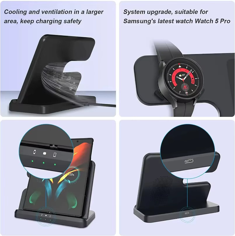 VIKEFON 3-in-1 Kabelloses Ladegerät in Schwarz für Samsung Galaxy S26 S25 Fold, Galaxy Watch 6 4 Pro Active 3/2 und Galaxy Buds - Bild 5