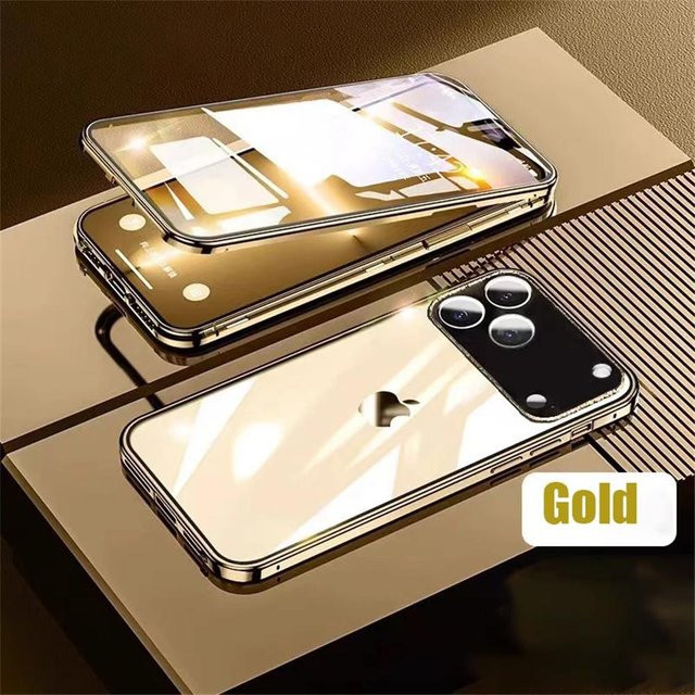 Magnetische Metall Handyhülle mit 360 Grad Vollschutz und doppelseitigem gehärtetem Glas für Apple iPhone 16 15 14 13 12 11 Pro Max Plus in Gold - Bild 1