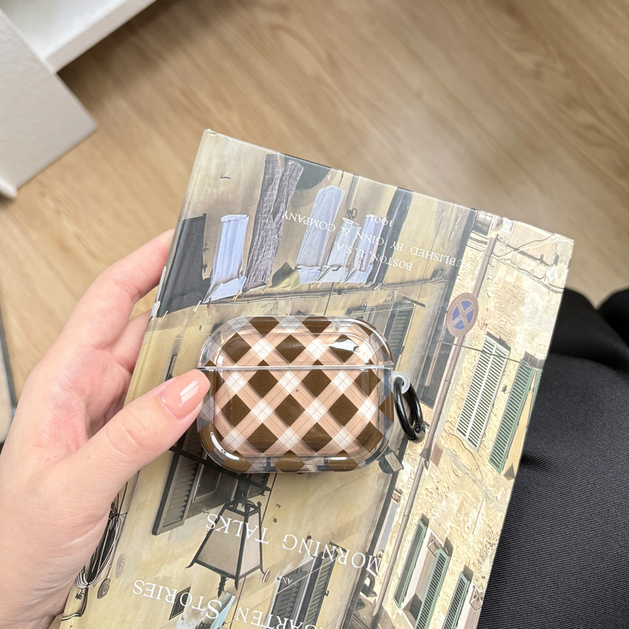 Transparente Kopfhörerhülle mit Diamond Grid Argyle Muster für Apple AirPods Pro 1, 2 und 3 in Braun, Rot und Orange - Bild 2