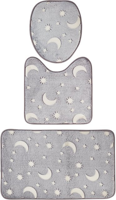 3-teiliges WC-Garnituren-Set Moderne Hausfrau Sonne, Mond und Sterne in Grau mit nachtleuchtenden Sternen und rutschfester Oberfläche - Bild 1