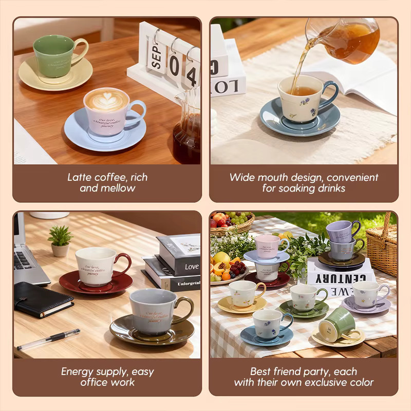 SOLECASA Porzellan Kaffeetassen-Set mit Untertassen in Lila mit Blumenmuster, 220 ml - Bild 3