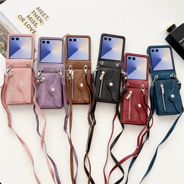 Leder Crossbody Brieftasche und Handyhülle mit Reißverschluss und Kartenhalter für Samsung Galaxy Z Flip7 FE, Flip6, Flip5, Flip4 und Flip3 in Purple - Bild 1