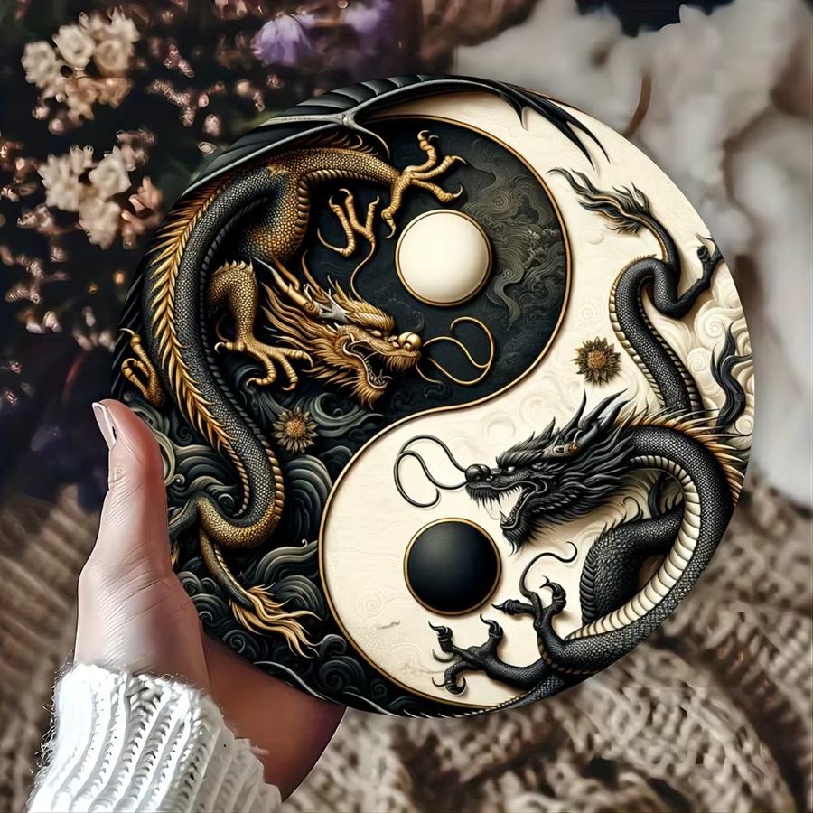 Potdemiel Metallschild Yin-Yang mit chinesischem Drachen in Schwarz-Weiß, runde orientalische Wandkunst, Durchmesser: 20 cm - Bild 5