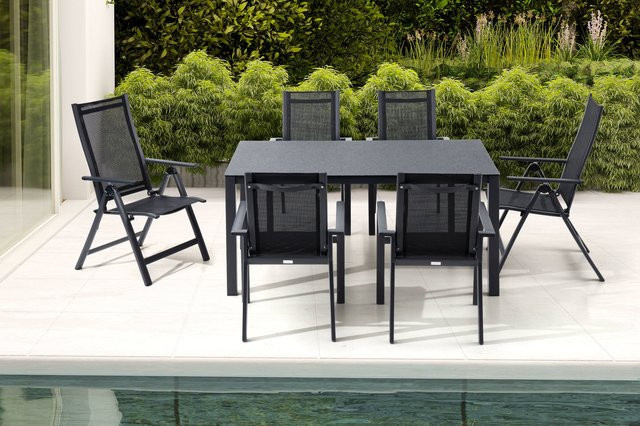 OUTFLEXX Garten-Essgruppe in Anthrazit Matt aus Alu, Spraystone und Textil mit Tisch und 6 Stühlen, B/T: 160 x 95 cm - Bild 1