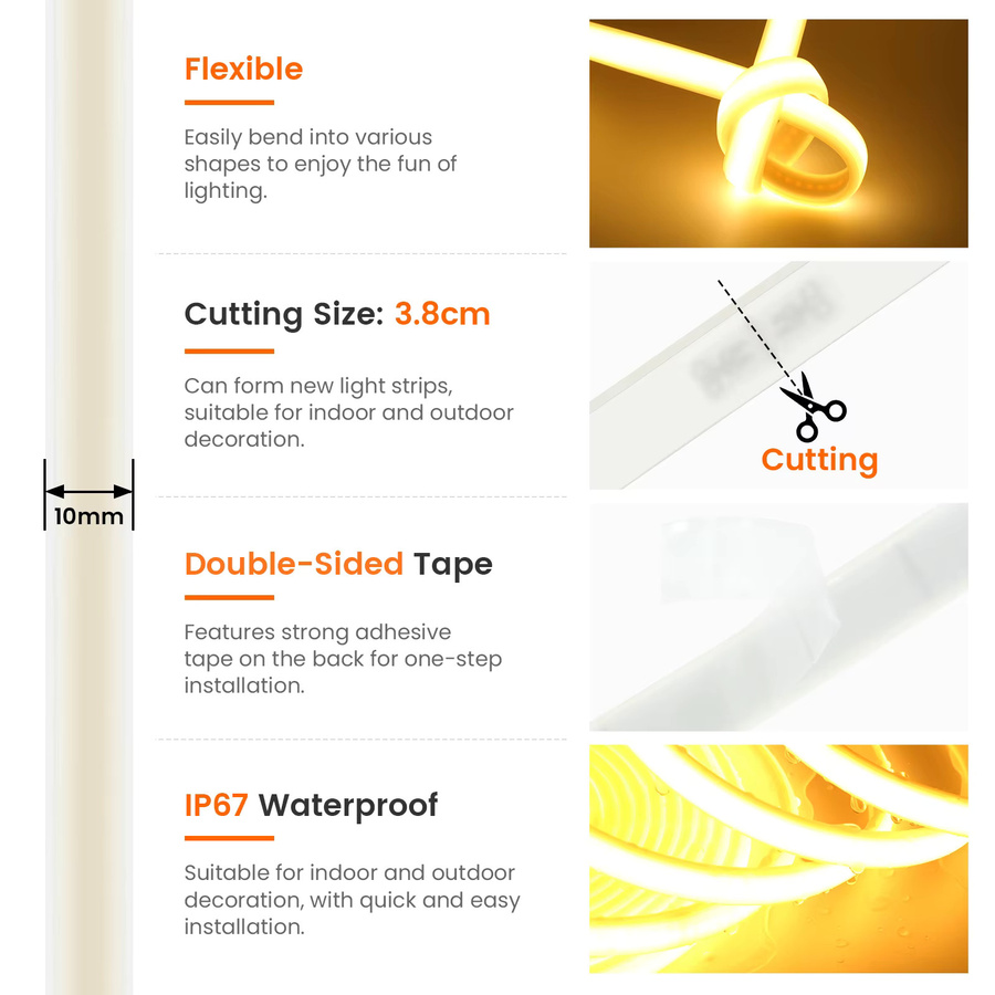XUNATA COB LED Streifen 12V mit 320 LEDs, flexibles Neon Band Licht IP67 wasserdicht aus Silikon mit selbstklebendem Klebeband - Bild 5