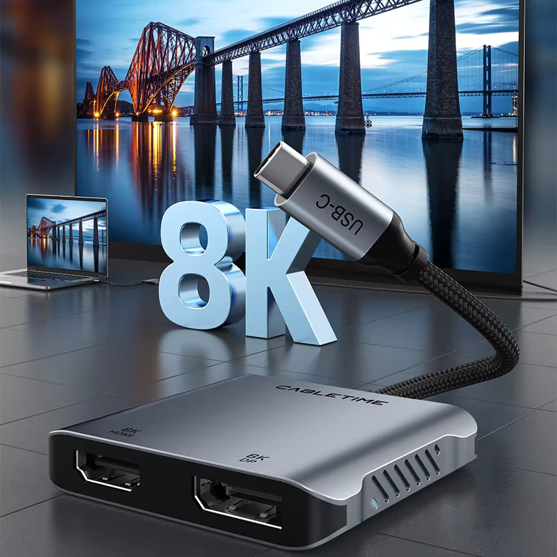 CABLETIME USB C zu HDMI Adapter MST Konverter für 4K und 8K mit Dual HDMI für Dreifach-Display, kompatibel mit M1/M2/M3, Windows und Mac, Grau - Bild 3