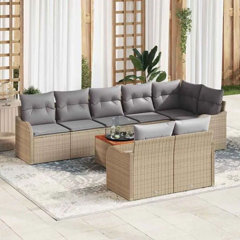 vidaXL Polyrattan Garten-Sofa-Set mit 9 Teilen in Beige und Grau, modernes modulares Loungemöbel-Set mit Massivholz und Stahl - Bild 1