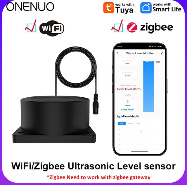 Tuya Drahtloser Flüssigkeitsmonitor Sensor mit Ultraschall-Tiefenmessung via WiFi oder Zigbee in Schwarz - Bild 1