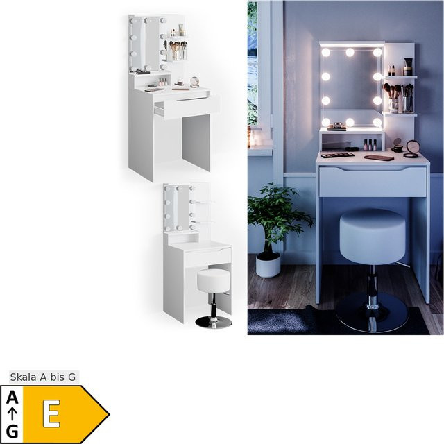 Vicco Schminktisch Ruben mit Hocker und LED-Beleuchtung in Weiß, B: 60 cm, T: 48 cm, H: 143 cm - Bild 1
