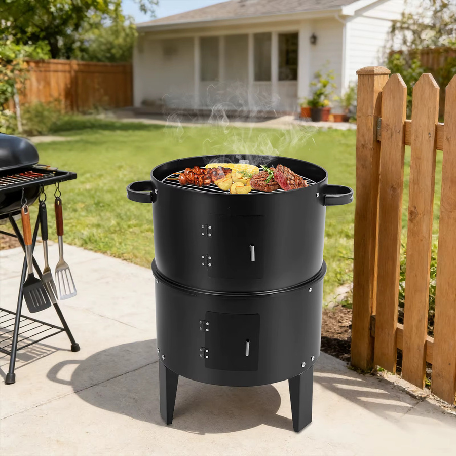 Bymaocar 3-in-1 Multifunktionaler BBQ Grill Smoker Holzkohlegrill in Schwarz für Outdoor-Kochen, Räuchern und Camping - Bild 5