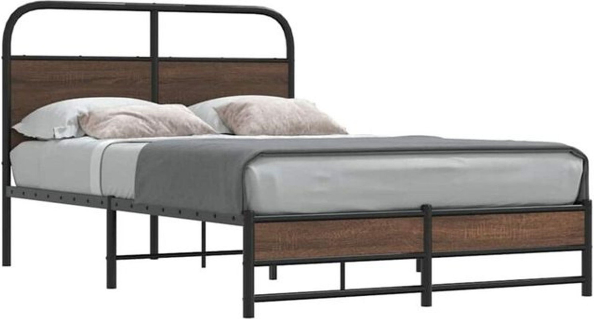 Vidaxl Doppelbett Bettgestell in Braun mit Eichen-Optik aus Holz und Metall im Industrial-Stil, B/T/H: 135 x 190 cm - Bild 1