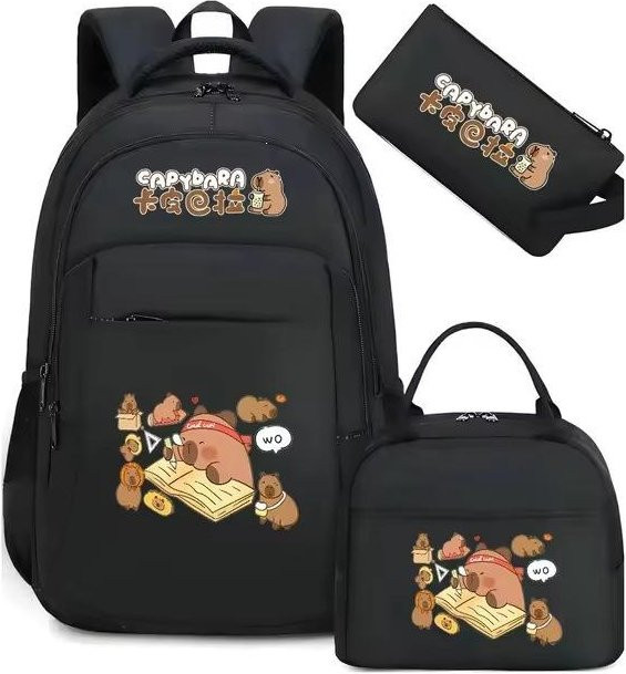 3-teiliges Schulrucksack-Set aus Oxford-Stoff in Schwarz mit Schultasche, Schultergurt und Federmäppchen - Bild 1