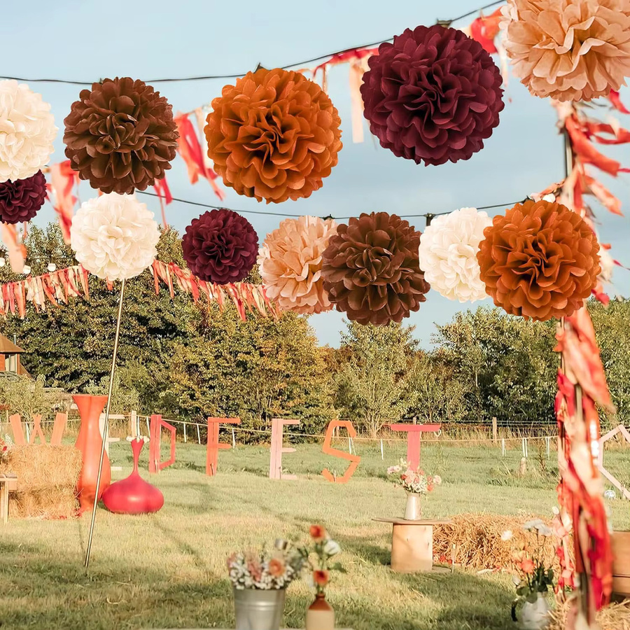 20 Stück Seidenpapier-Pompons als hängende Papierblumenkugeln in Burgunderrot, Orange und Braun für deine Party-Dekoration - Bild 5