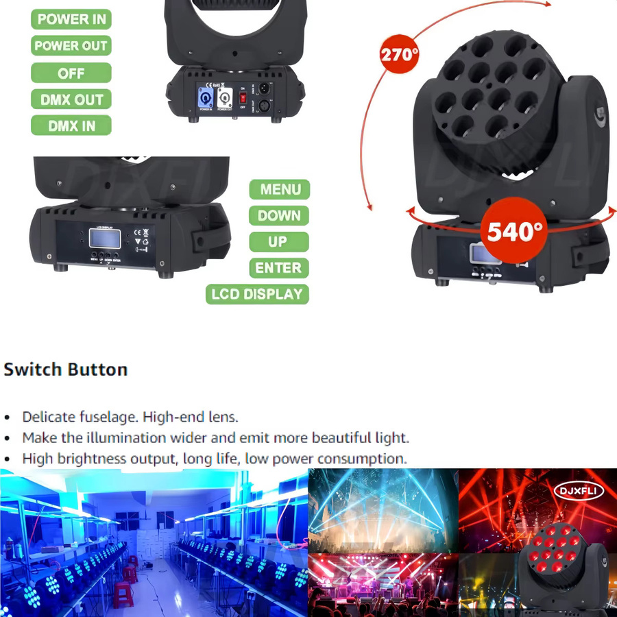 DJXFLI LED Beam RGBW 12x12W Wash Moving Head Bühnenlicht für professionelle Party- und DJ-Beleuchtung - Bild 6