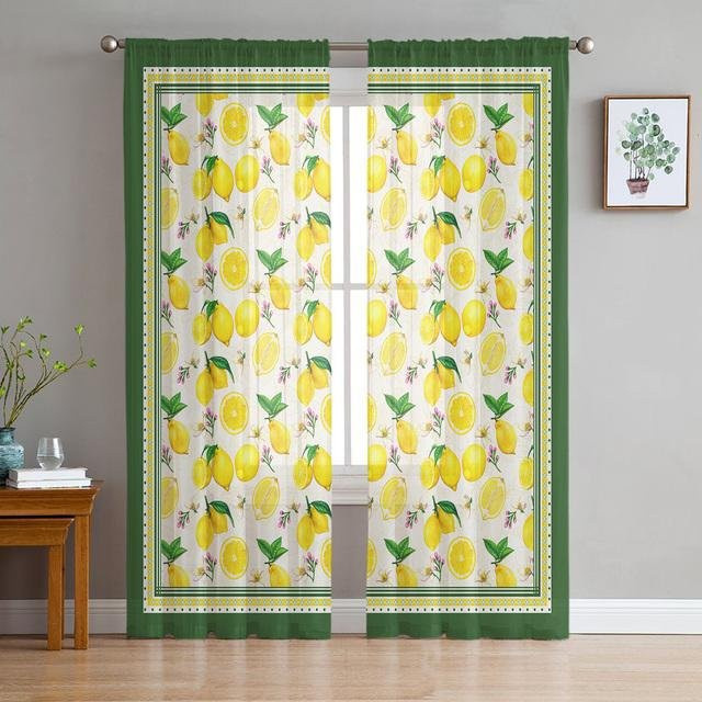 Transparenter Voile-Vorhang mit floralem Zitronen-Design in Blau und Gelb, Breite: 600 cm, Höhe: 250 cm - Bild 1