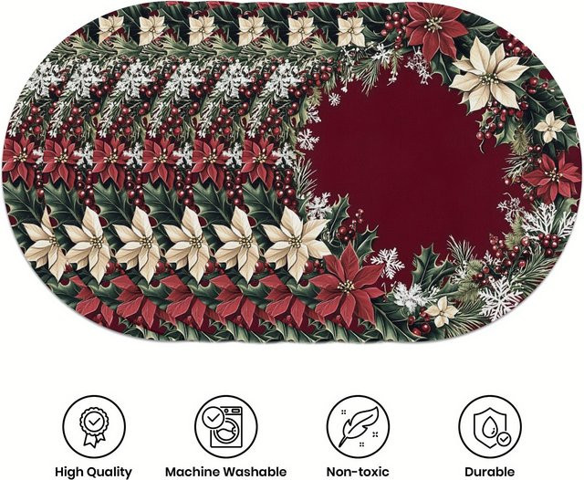 VIKAMA 6er Set Weihnachtliche Tischsets mit Holly Blättern und roten Beeren in Rot und Grün - Bild 1