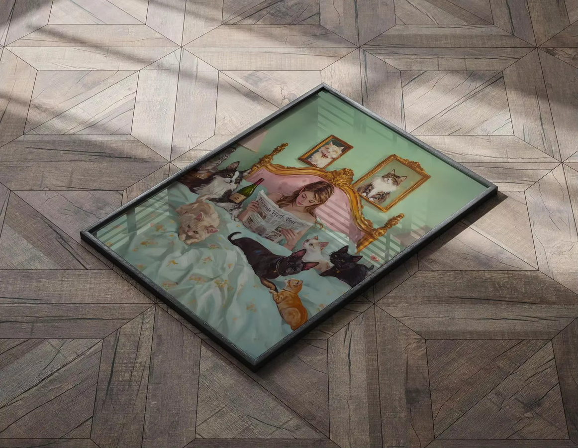Vintage Wandkunst von SHENCHEN mit Katzenmotiv und Porträt einer lesenden Frau als Kunstdruck für dein Schlafzimmer - Bild 4