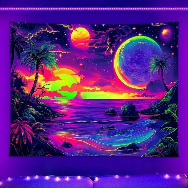 UV-fluoreszierender Wandteppich mit Strandmotiv und Kokospalmen von JMG Household Supplies, Mehrfarbig, Breite: 60 cm, Höhe: 90 cm - Bild 1