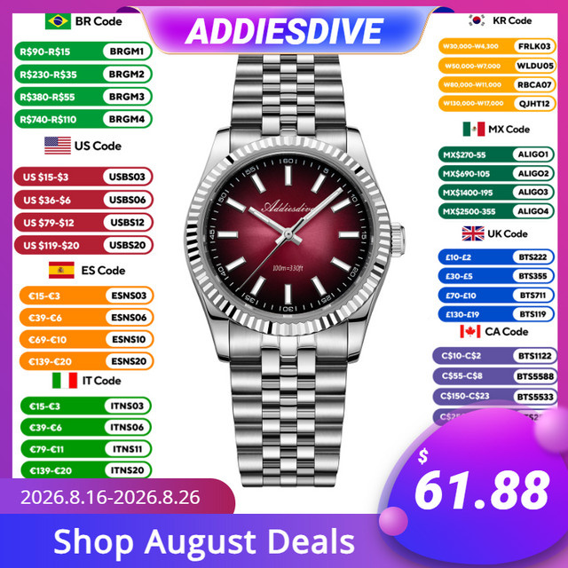 ADDIESDIVE Armbanduhr, Quarz, Edelstahl, Saphirglas, rotes Zifferblatt, Herren - Bild 1
