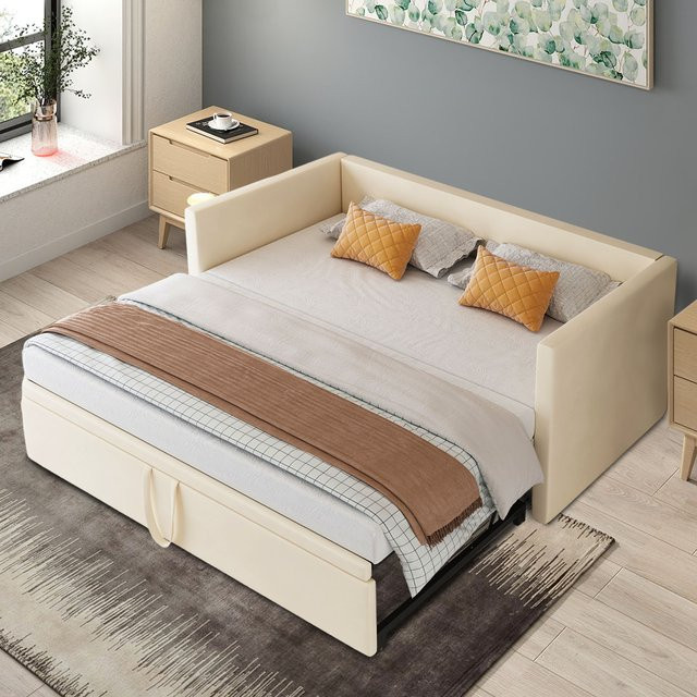 Anajqaqia Schlafsofa aus Samt in Beige, ausziehbares Tagesbett mit Lattenrost, Breite: 90 cm, Tiefe: 180 cm, Höhe: 200 cm - Bild 1
