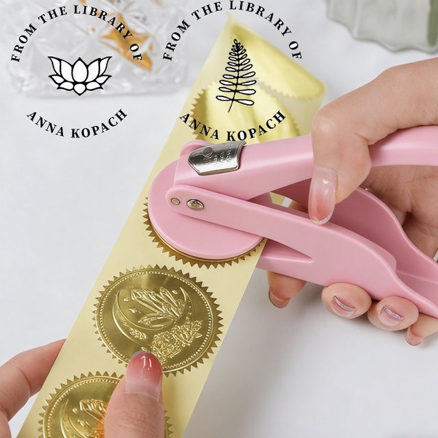 Personalisierter Buch-Embosser-Stempel mit individuellem Text und Logo-Design in Silber zur Dekoration von Bucheinbänden und Papierkarten - Bild 1