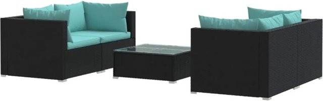 vidaXL 5-tlg. Garten-Lounge-Set in L-Form aus Poly Rattan mit Kissen, Schwarz und Blau - Bild 1