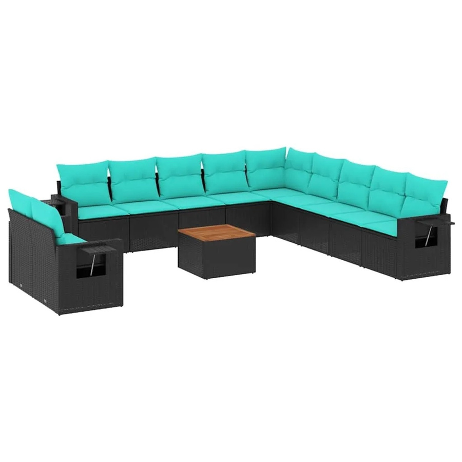 vidaXL 12-teiliges Gartensofa-Set aus schwarzem Polyrattan mit Kissen in Blau und Türkis - Bild 2