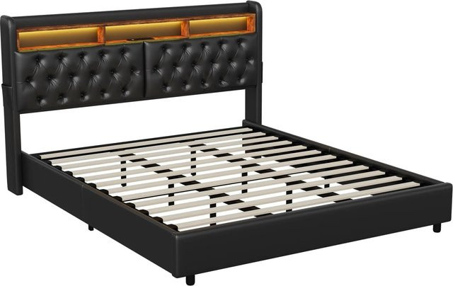 PXloue Doppelbett mit hydraulischem Stauraum aus Kunstleder in Schwarz mit USB-Ladeport und Unterbettbeleuchtung, B/T/H: 180 x 200 x 186 cm - Bild 1