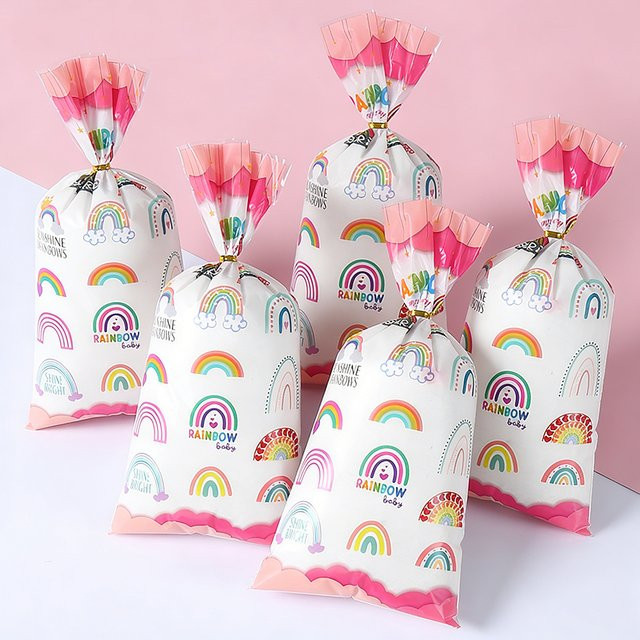 Regenbogenförmige Süßigkeiten-Aufbewahrungsbeutel mit Cartoon-Muster und goldenen Kabelbindern, 50 Stück, B: 27 cm, H: 13 cm, Mehrfarbig - Bild 1