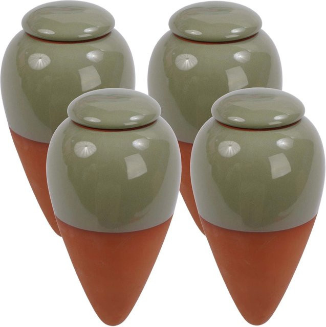 Relaxdays Bewässerungskegel aus Keramik in Grün mit Deckel, 4er-Pack, Volumen: 350 ml, Höhe: 16 cm, Breite: 8 cm - Bild 1