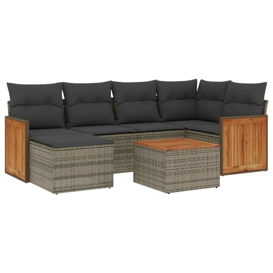 vidaXL 7-tlg Garten-Sofagarnitur aus Poly Rattan in Grau mit Kissen und Akazienholz - Bild 2